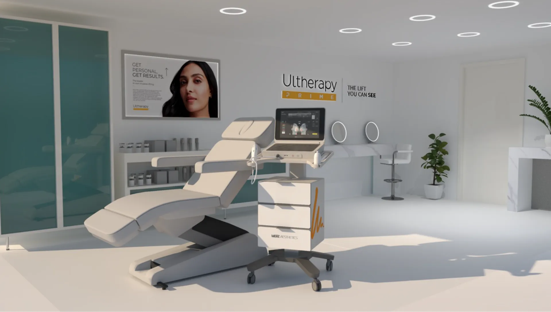 Sala de tratamiento de Ultherapy con el dispositivo Ultherapy PRIME<sup>&reg;</sup> para lifting y firmeza de la piel no invasivos.