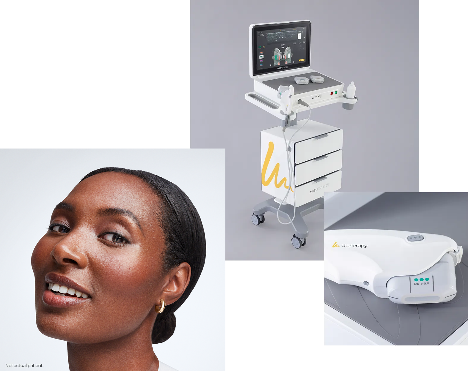 Collage featuring a woman (not an actual patient), the Ultherapy PRIME<sup>&reg;</sup> device, and its handpiece.